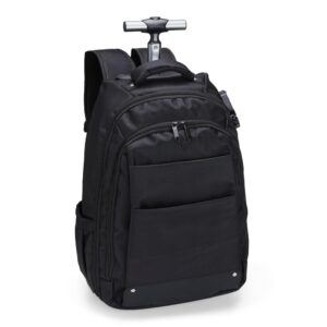 Mochila para Notebook com Cadeado ZB 1443 | Possui duas rodinhas e freio em plástico, além de um sistema velcro para junção do compartimento das alças com a parte inferior, tampando as rodinhas enquanto transporta a mochila nas costas.