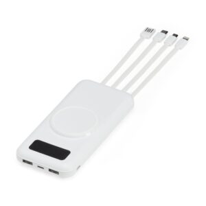 Power Bank Plástico com Cabo USB ZB 6052 | Portas de entrada: V8, Tipo-C e duas portas USB.