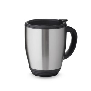 Caneca Inox com Tampa 470ml ZB 15017 | Possui tampa com vedação, bocal com trava de segurança e pegador de plástico.