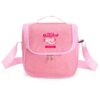 Bolsa térmica rosa com zíper frontal, alça superior e alça transversal, estampada com Outubro Rosa.