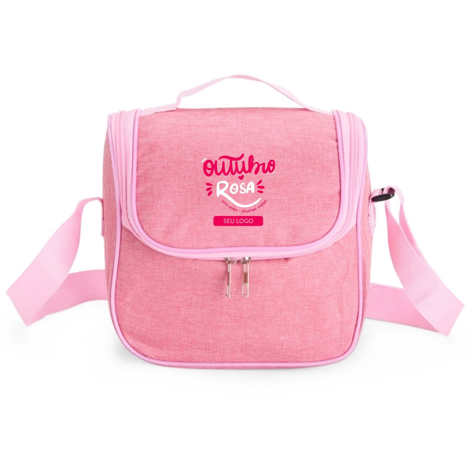 FOTO-BOLSA-TERMICA-OUTUBRO-ROSA-IMAGEM.jpg Bolsa térmica rosa com zíper frontal, alça superior e alça transversal, estampada com Outubro Rosa.
