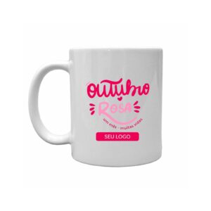 Caneca branca de cerâmica com estampa rosa Outubro Rosa e espaço para logo