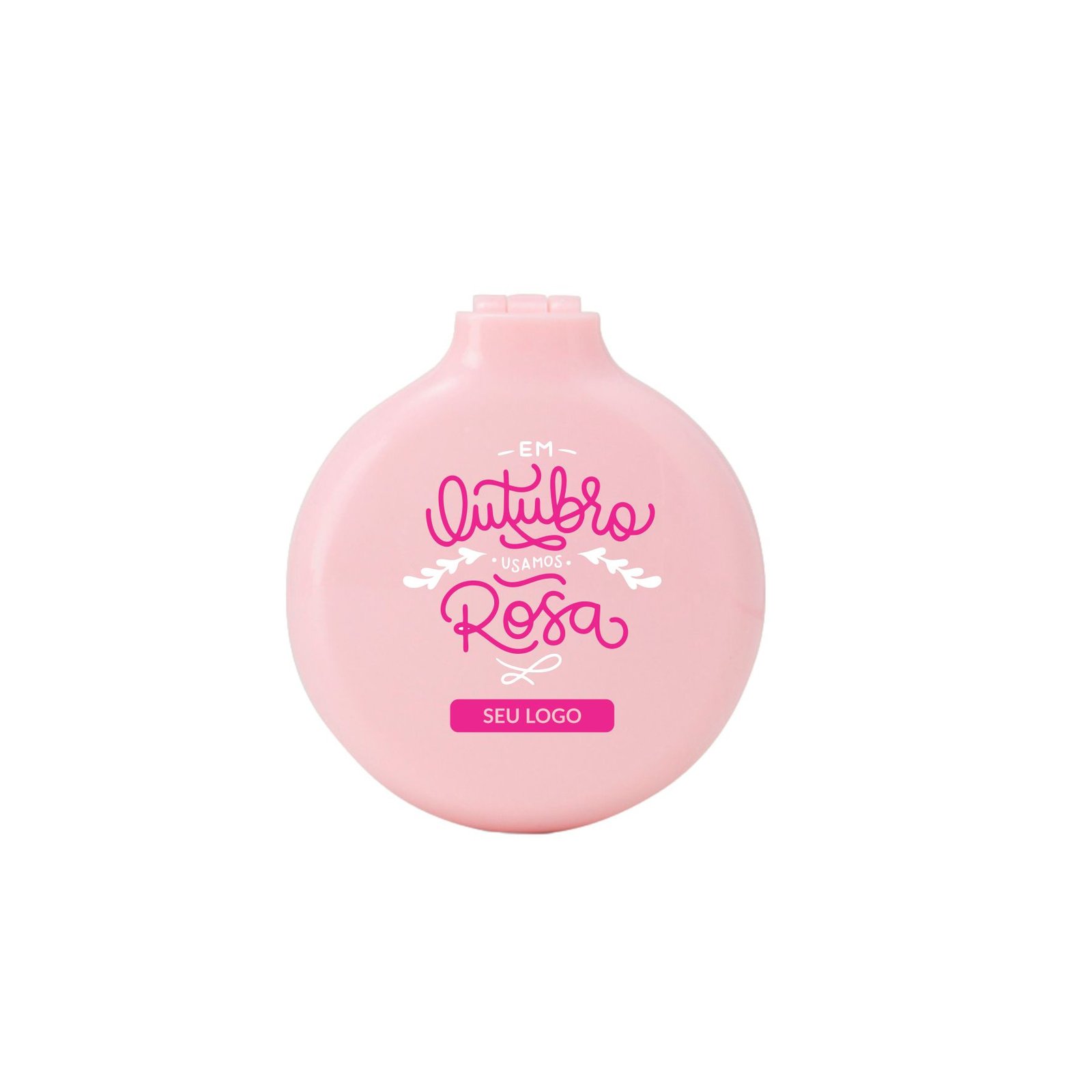 FOTO-ESCOVA-COM-ESPELHO-OUTUBRO-ROSA-IMAGEM-1.jpg Escova com espelho rosa fechada com estampa Outubro Rosa e espaço para logo