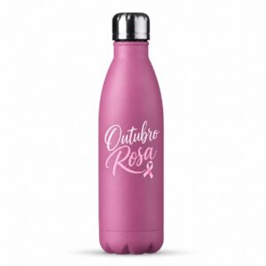 Garrafa rosa fosca de inox com tampa preta e inscrição Outubro Rosa
