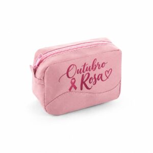 Nécessaire rosa com zíper e estampa Outubro Rosa em fundo branco