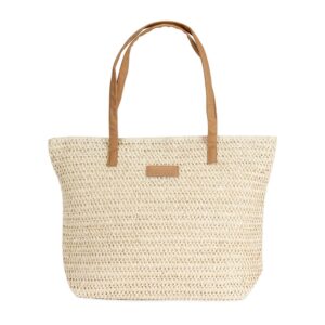 Bolsa de fibra trançada vista de frente, com alças e plaquinha frontal