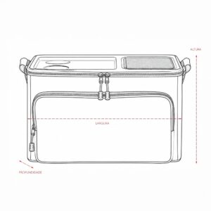 Desenho da bolsa térmica com indicações de altura, largura e profundidade