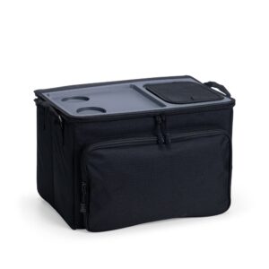Bolsa térmica preta com tampa rígida, porta-copos e bolso frontal