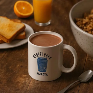 Caneca com bebida quente e estampa decorativa sobre uma mesa de café da manhã