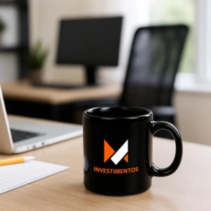 Caneca preta com logotipo colorido sobre mesa em ambiente de escritório