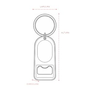 Desenho técnico do chaveiro metálico com abridor e indicações de dimensões