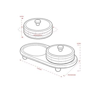 Desenho esquemático do pote e do suporte com indicações dimensionais