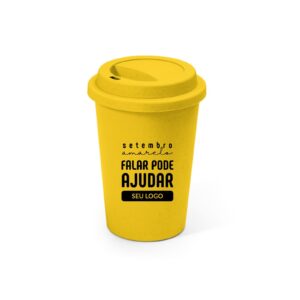 Copo amarelo com tampa e mensagem Setembro Amarelo: falar pode ajudar.