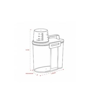 Desenho técnico do dispenser com indicações de altura, largura e profundidade