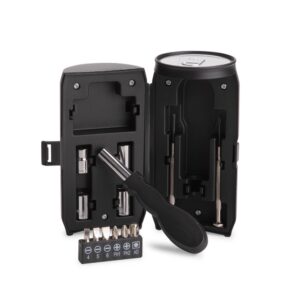 Kit de ferramentas aberto com bits, soquetes e chave porta-bits expostos