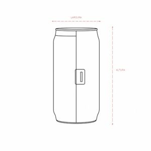 Desenho do estojo em formato de lata com indicações de largura e altura