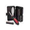 Kit de ferramentas aberto com chave, bits e soquetes organizados no estojo