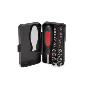 Estojo aberto na vertical com chave porta-bits e acessórios encaixados