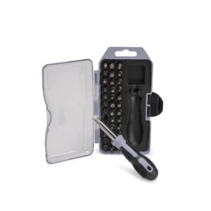 Kit de ferramentas aberto com bits e chave porta-bits apoiada sobre o estojo