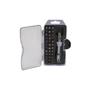 Estojo aberto com chave porta-bits e conjunto de pontas organizadas