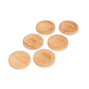 Seis porta-copos de bambu dispostos separadamente, com as ranhuras visíveis