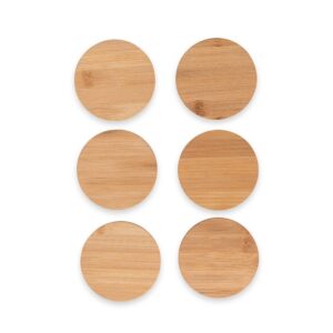 Seis porta-copos de bambu vistos pelo lado liso, organizados em duas colunas