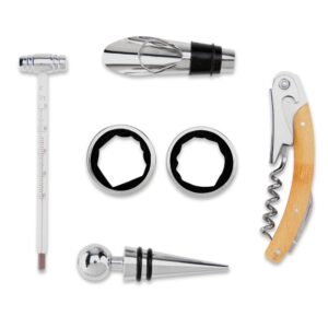 Seis acessórios do kit vinho organizados sobre fundo branco