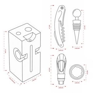 Desenho técnico do suporte de bambu e de acessórios do kit vinho