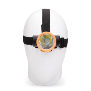 Lanterna de cabeça com faixa preta ajustada em suporte branco, vista de frente