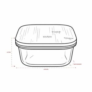 Ilustração da marmita fechada com indicações visuais de altura, largura e profundidade