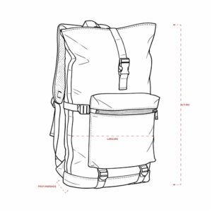 Desenho da mochila com marcações visuais de altura, largura e profundidade