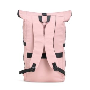 Parte traseira da mochila rosa com alças ajustáveis e fivelas pretas
