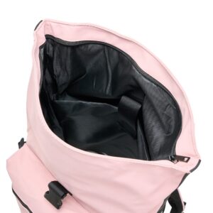 Interior da mochila rosa aberto, mostrando o compartimento principal