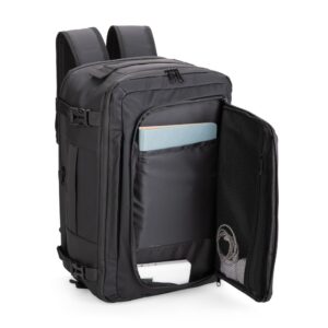 Mochila aberta com compartimento frontal e bolso interno em tela