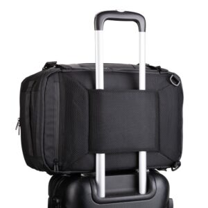 Parte traseira da mochila encaixada sobre a alça de uma mala com rodinhas