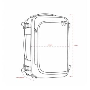 Desenho técnico da mochila com indicações de altura, largura e profundidade