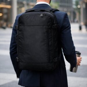 Pessoa usando mochila preta em ambiente urbano