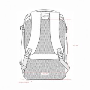 Desenho da parte traseira da mochila com indicações de medidas