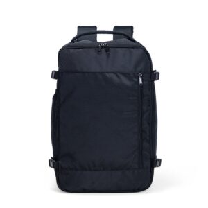 Mochila de nylon vista de frente, com zíperes e bolsos externos