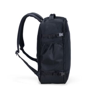 Vista lateral da mochila com bolso telado e engates compressores