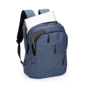 Mochila azul aberta com compartimento interno e dispositivo eletrônico à mostra