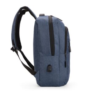 Vista lateral da mochila azul, com zíperes, alça e detalhe lateral