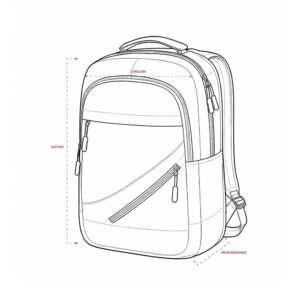 Desenho da mochila com marcações de altura, largura e profundidade