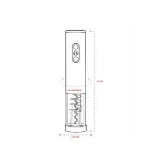 Desenho técnico do saca-rolhas elétrico com indicação visual de altura, largura e circunferência