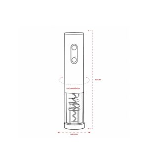 Desenho técnico do saca-rolhas elétrico com indicações de altura, largura e circunferência