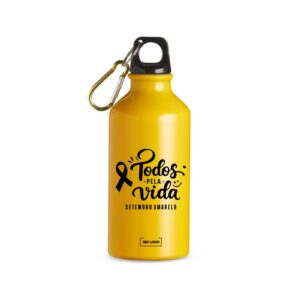 Squeeze amarelo com tampa preta, mosquetão e estampa do Setembro Amarelo