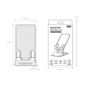 Diagrama ilustrado do suporte de celular e da embalagem com indicações de dimensões