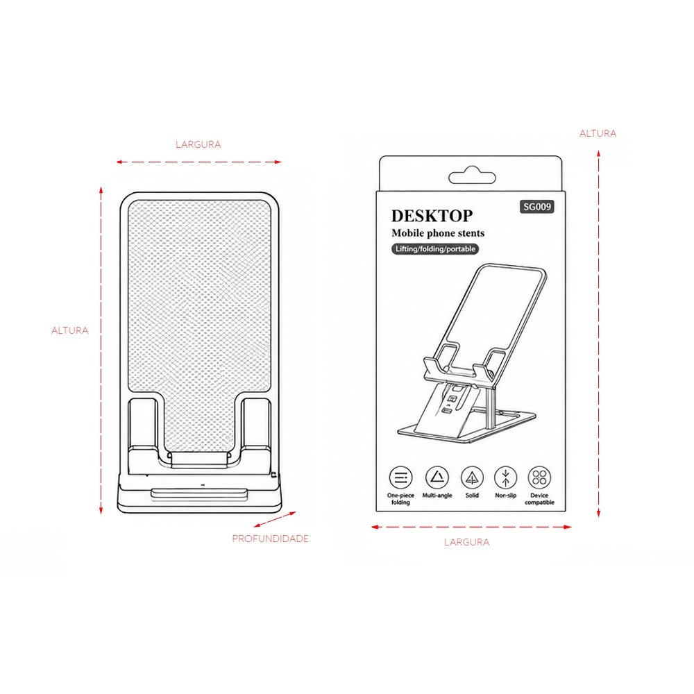 Foto-Suporte-de-Celular-CB-9274-Imagem-10.jpg Diagrama ilustrado do suporte de celular e da embalagem com indicações de dimensões