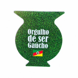 Vira-mate verde em formato de cuia com a mensagem “Orgulho de ser Gaúcho”