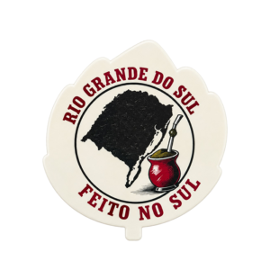 Vira-mate em formato de folha com ilustração do Rio Grande do Sul e cuia sobre fundo branco